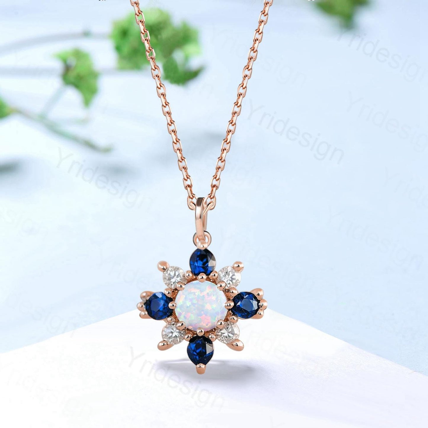 Vintage Opal Sapphire Pendant Necklace, Silver Rose Gold & Moissanite Accent Floral Style