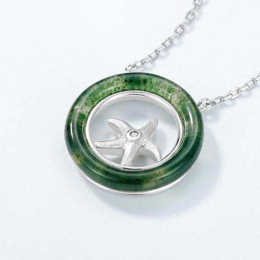 Ocean-Inspired Moss Agate Starfish Necklace, Sterling Silver Sea Life Pendant, Unique Green Gemstone Jewelry, Beach Lover Gift