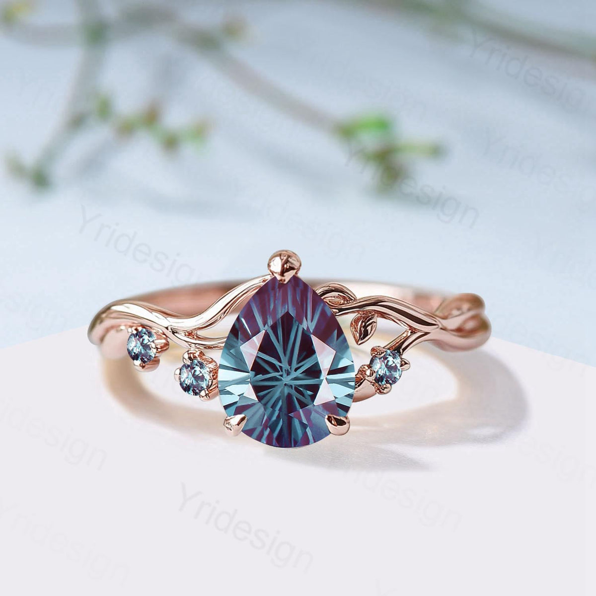 Unique Pear Shaped Firework Cut Alexandrite Engagement Ring, Nature Inspired Leaf Twig Gold Ring