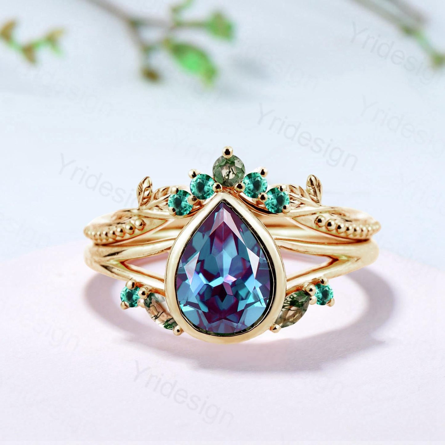 Split Shank Pear Shaped Alexandrite Engagement Ring Set, Bezel Set, Marquise Cut Moss Agate and Emerald Cluster Ring, Gold Leaf Wedding Set
