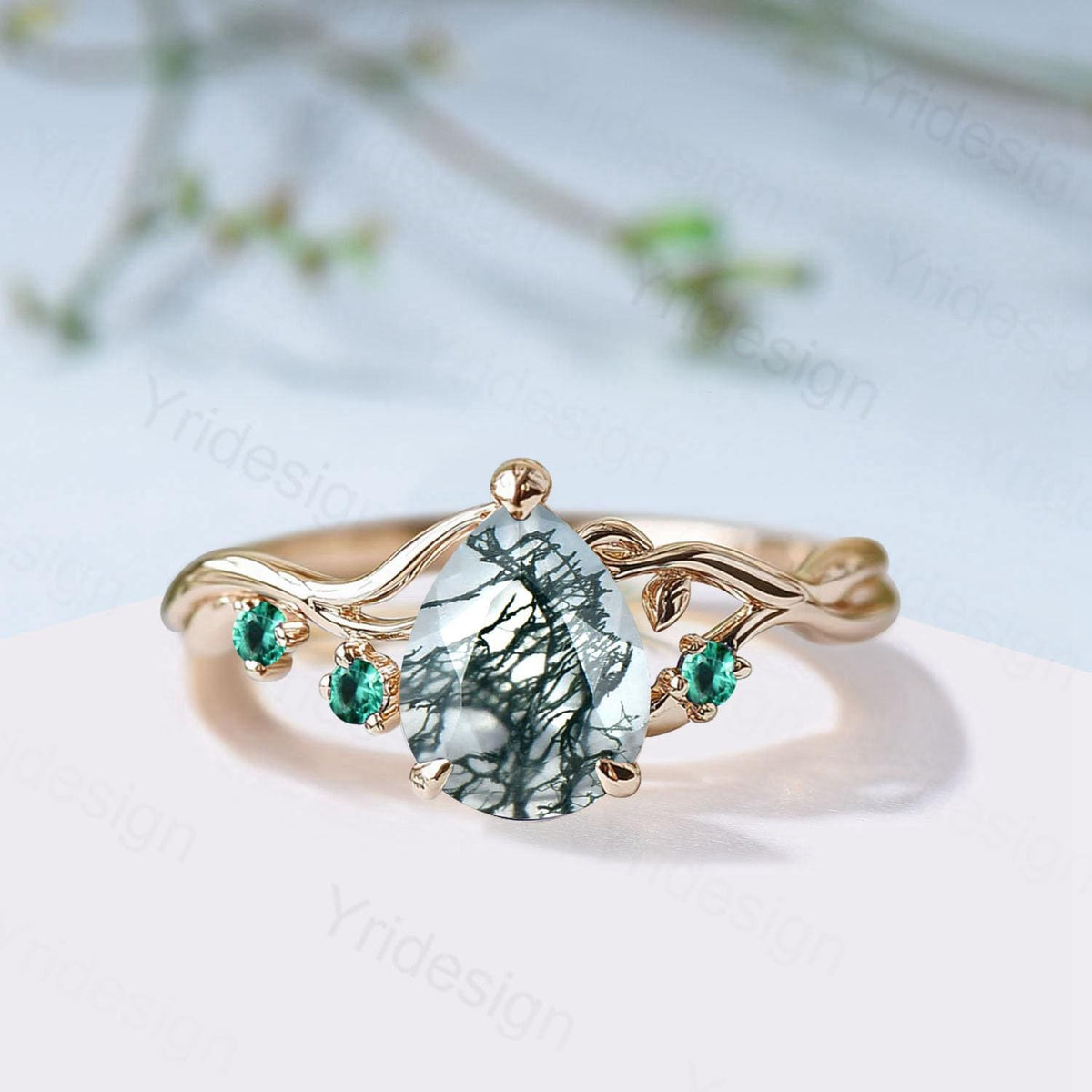 Moss Agate Engagement Ring with Emerald Accents, Rose Gold Nature-Inspired Twig Ring, Unique Handcrafted Botanical Jewelry for Her
