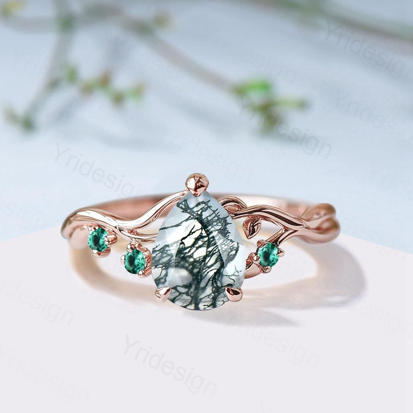 Moss Agate Engagement Ring with Emerald Accents, Rose Gold Nature-Inspired Twig Ring, Unique Handcrafted Botanical Jewelry for Her