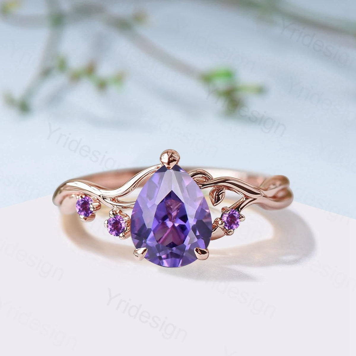 Vintage Pear Shaped Purple Sapphire Engagement Ring, Nature Inspired Leaf Twig Gold Ring, Accent Amethyst Split Shank Anniversary Ring