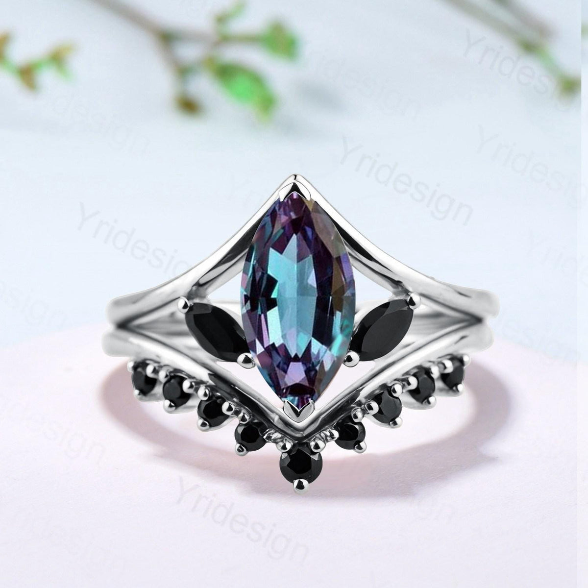 Marquise Alexandrite Engagement Ring Set, Black Spinel Accent, Vintage Style