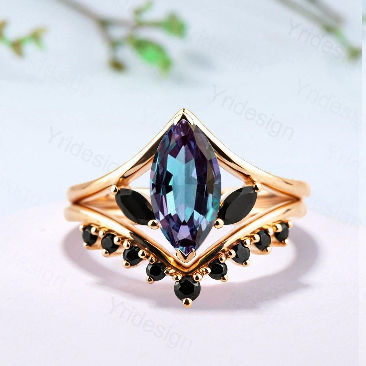 Marquise Alexandrite Engagement Ring Set, Black Spinel Accent, Vintage Style