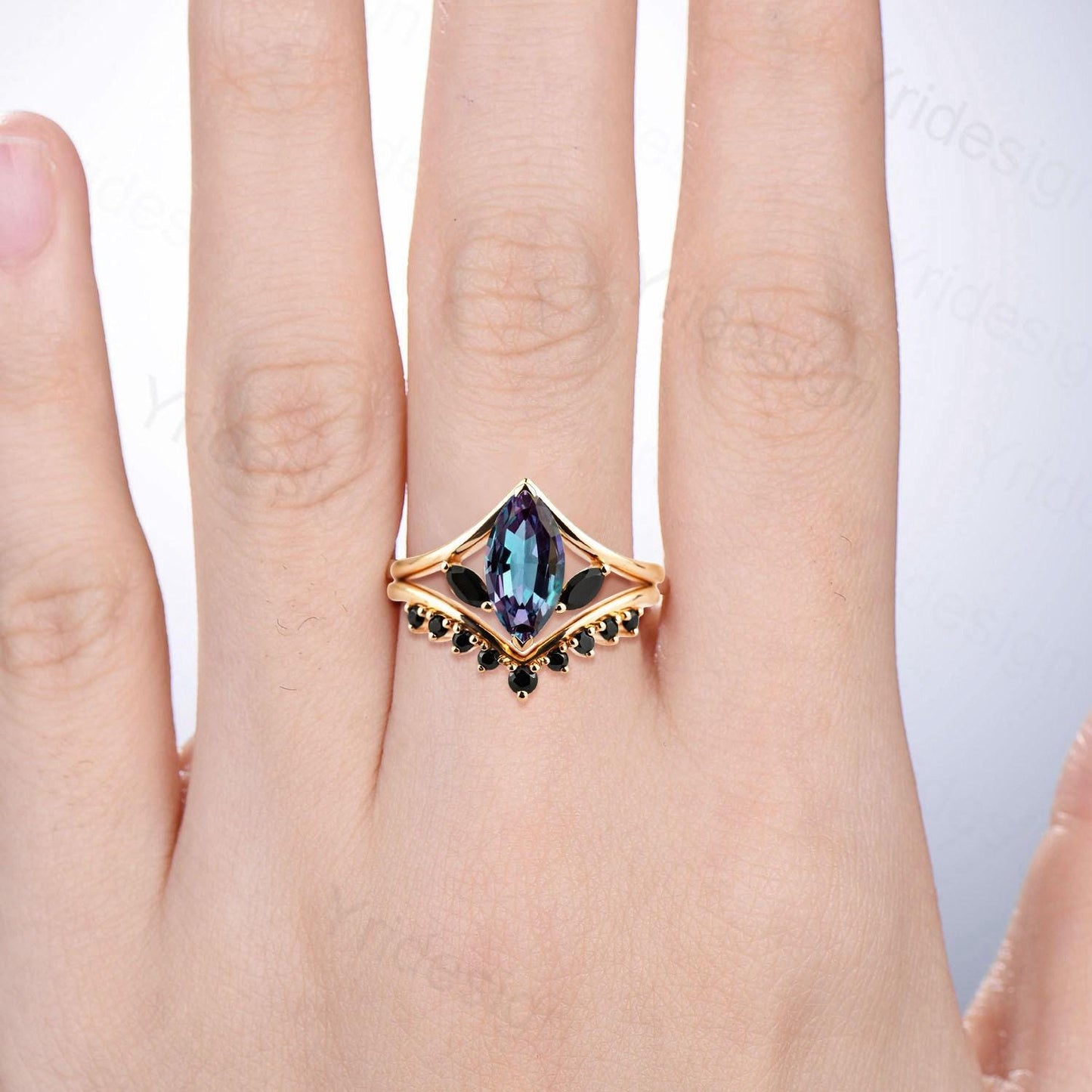 Marquise Alexandrite Engagement Ring Set, Black Spinel Accent, Vintage Style