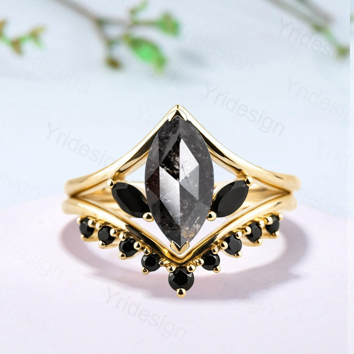 Marquise Salt and Pepper Diamond Ring Set, Black Spinel Accent, Handmade