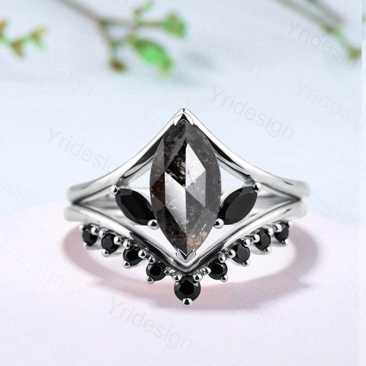 Marquise Salt and Pepper Diamond Ring Set, Black Spinel Accent, Handmade