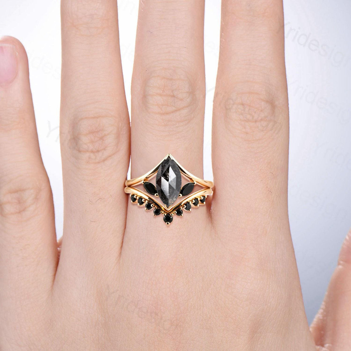 Marquise Salt and Pepper Diamond Ring Set, Black Spinel Accent, Handmade