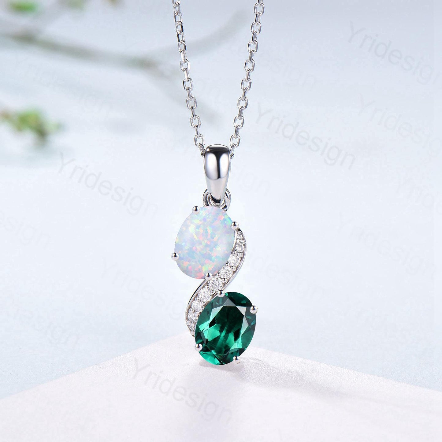 Unique Oval Cut Opal Emerald Pendant Necklace, Moissanite Diamond Accent, 14K White Gold