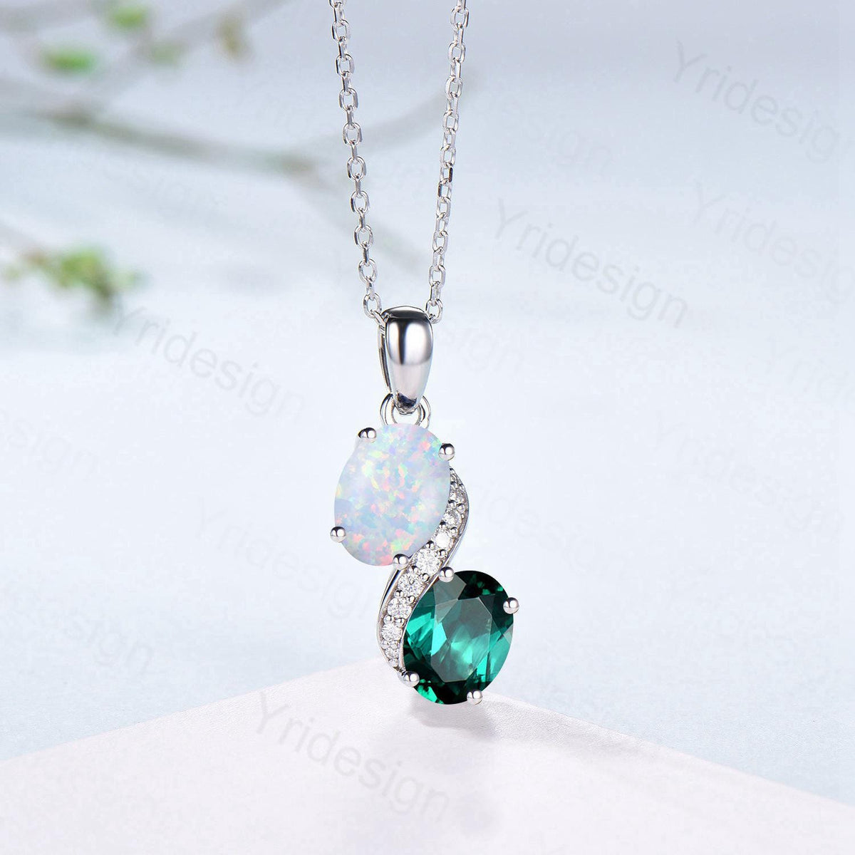 Unique Oval Cut Opal Emerald Pendant Necklace, Moissanite Diamond Accent, 14K White Gold