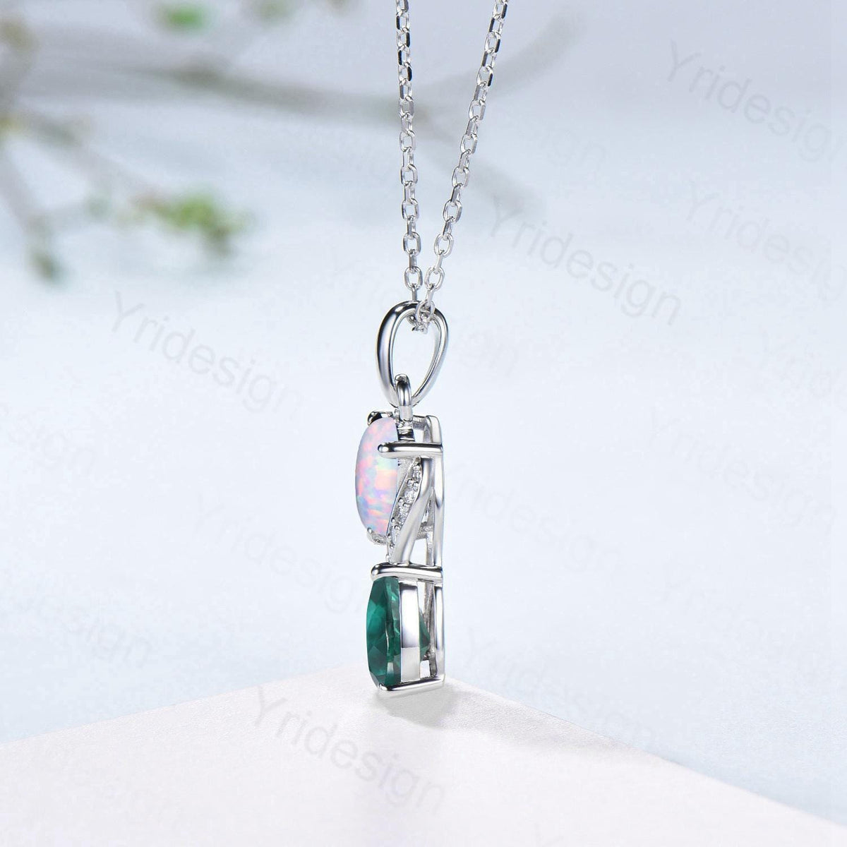 Unique Oval Cut Opal Emerald Pendant Necklace, Moissanite Diamond Accent, 14K White Gold