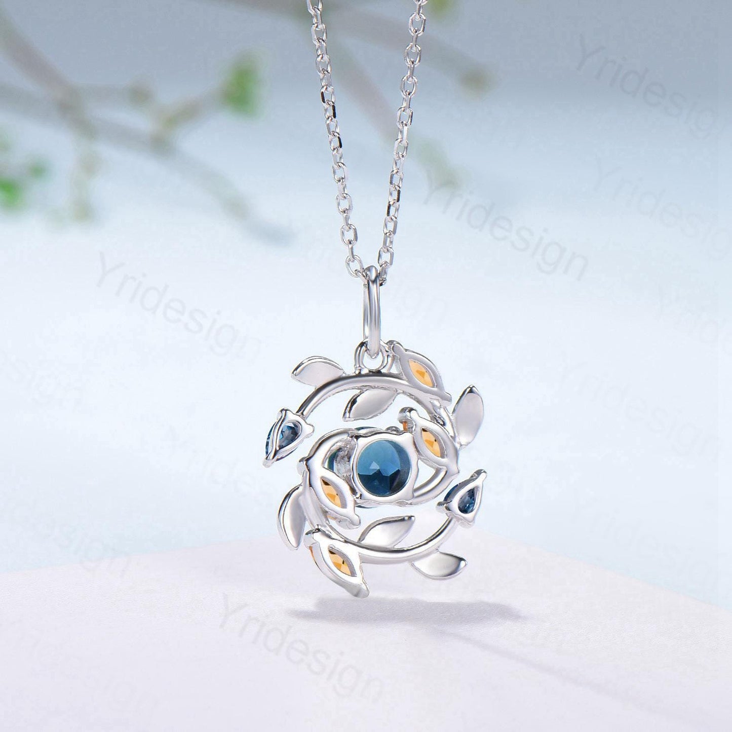 5mm Round Nature Inspired London Blue Topaz Necklace Unique Marquise Citrine Necklace Flower Wreath Pendant Snowflake Anniversary gift women