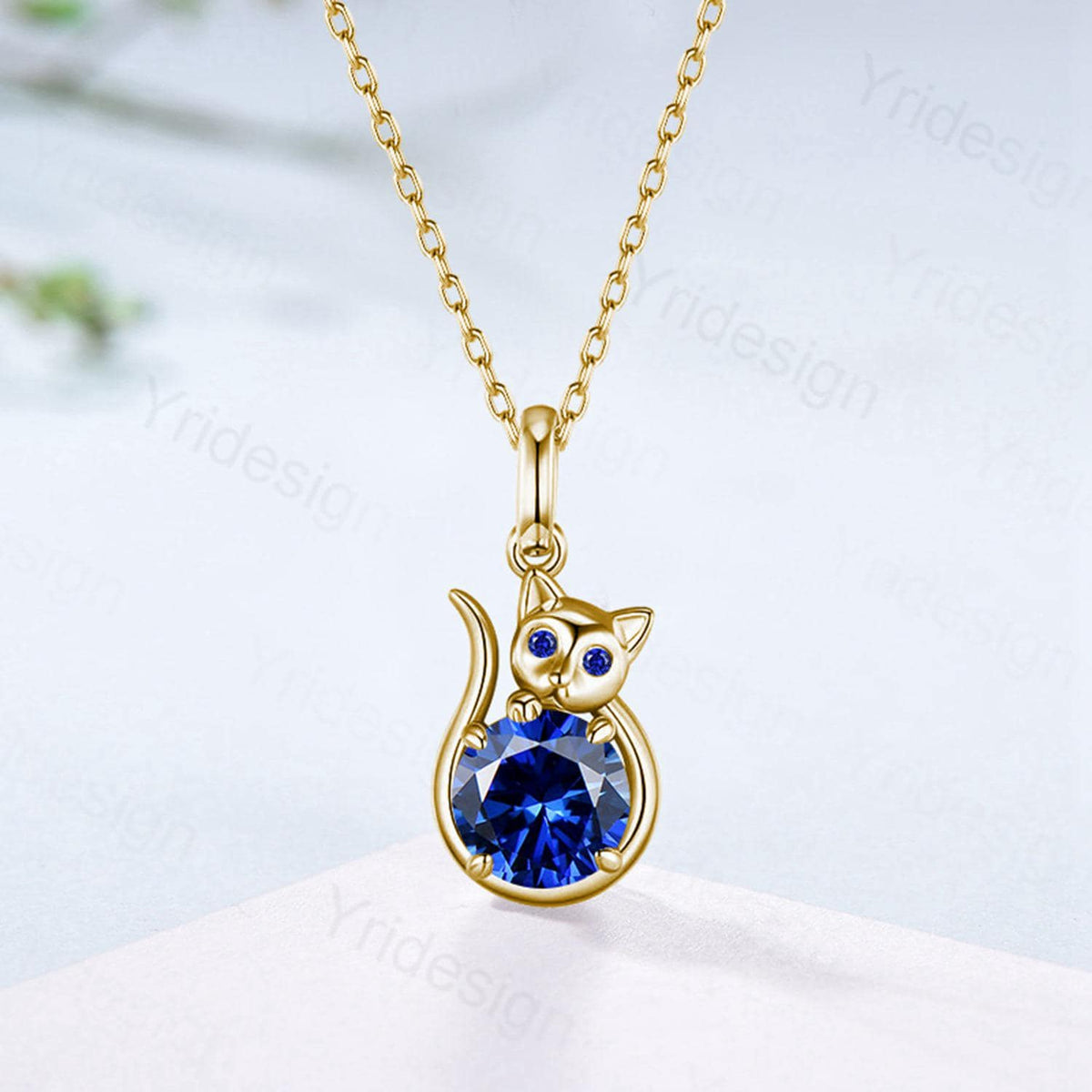 Elegant Cat Blue Sapphire Pendant Necklace with Emerald | Silver September Birthstone Animal Jewelry for Cat Lovers
