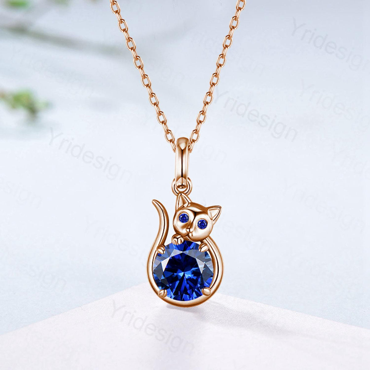Elegant Cat Blue Sapphire Pendant Necklace with Emerald | Silver September Birthstone Animal Jewelry for Cat Lovers