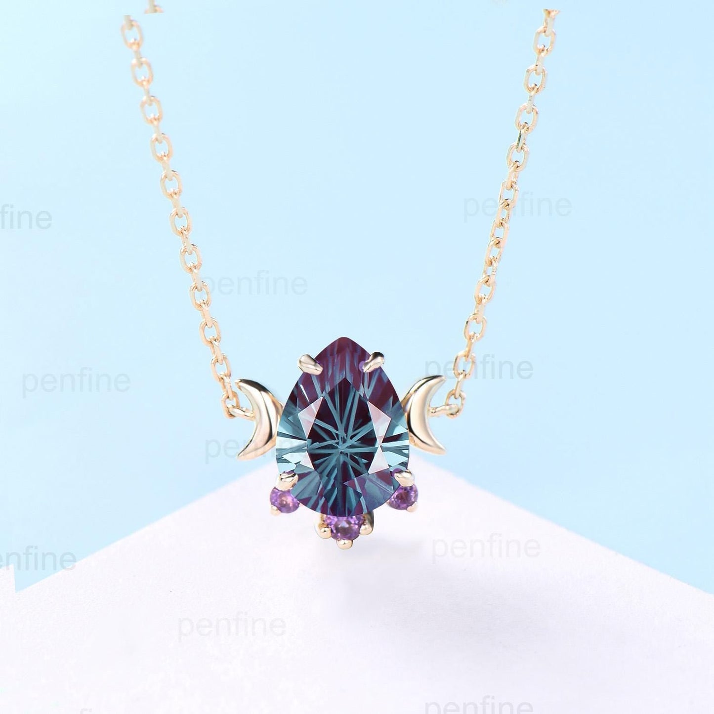 Teardrop Fireworks Cut Alexandrite Pendant Necklace, Cluster Amethyst, Crescent Moon, Sterling Silver