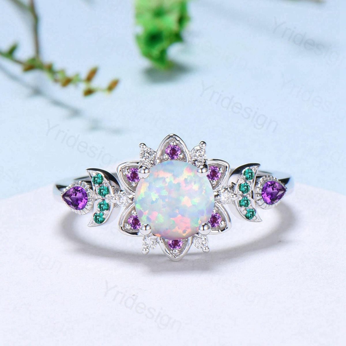 Floral White Fire Opal Engagement Ring, Emerald & Amethyst Lotus,  White Gold Moon Jewelry