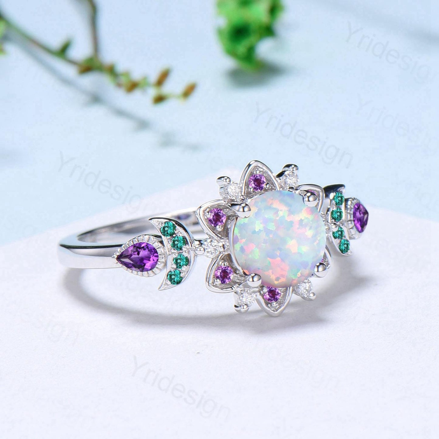 Floral White Fire Opal Engagement Ring, Emerald & Amethyst Lotus,  White Gold Moon Jewelry