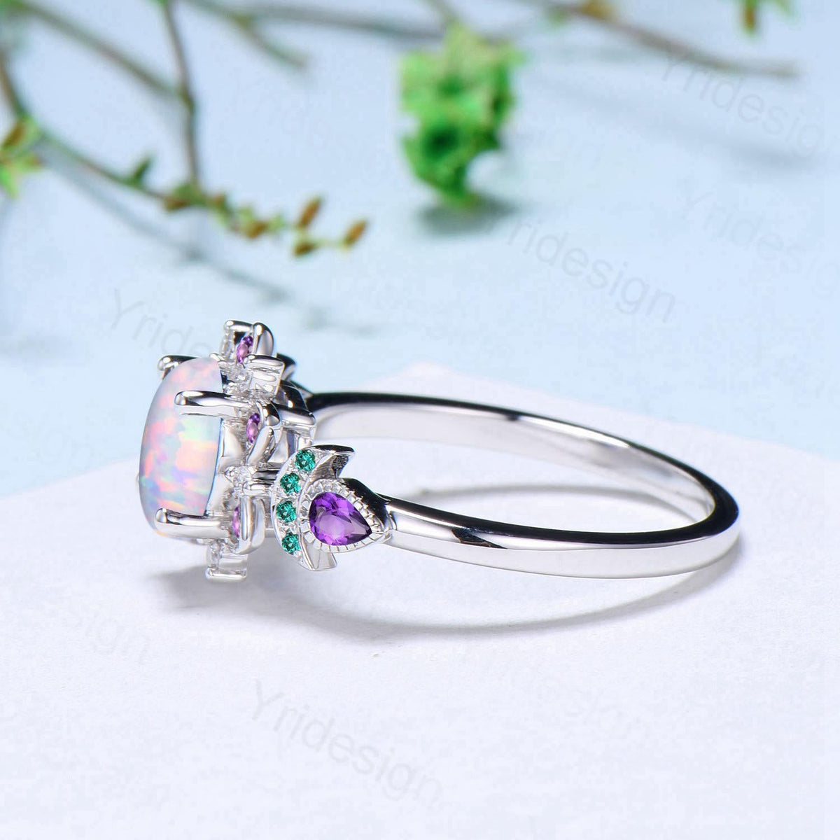 Floral White Fire Opal Engagement Ring, Emerald & Amethyst Lotus,  White Gold Moon Jewelry