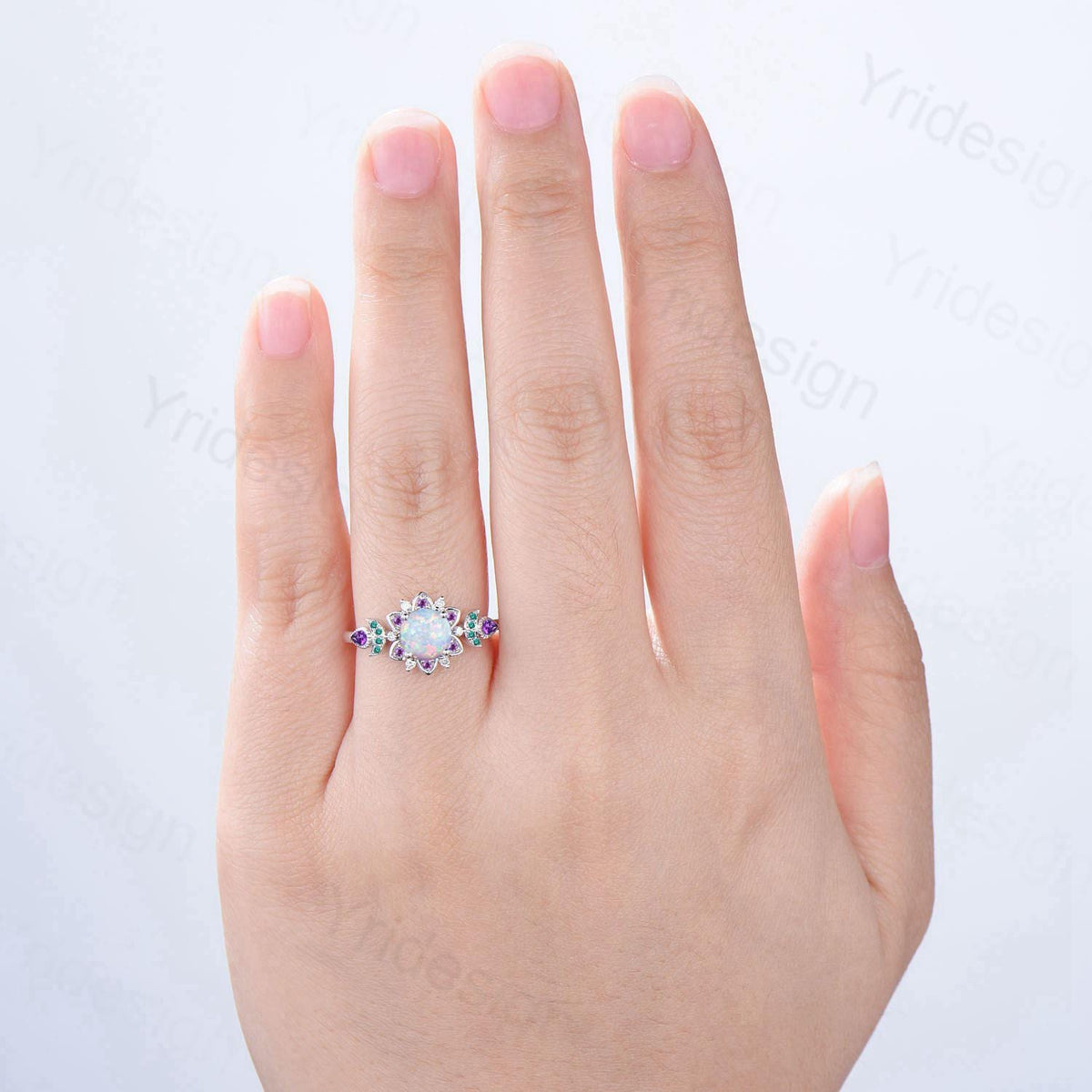 Floral White Fire Opal Engagement Ring, Emerald & Amethyst Lotus,  White Gold Moon Jewelry