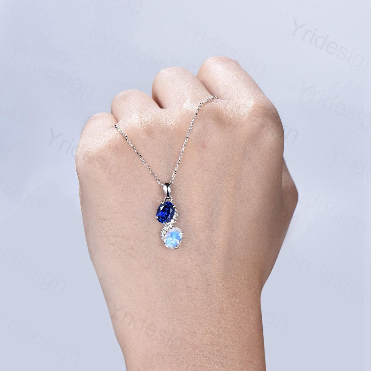 Vintage Oval Blue Sapphire Moonstone Snake Pendant Necklace, Art Deco Promise Gift