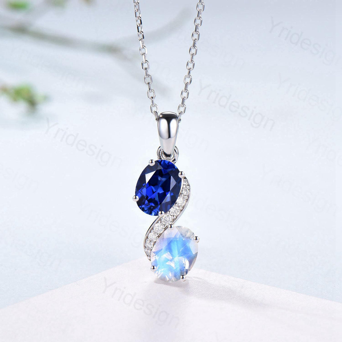 Vintage Oval Blue Sapphire Moonstone Snake Pendant Necklace, Art Deco Promise Gift