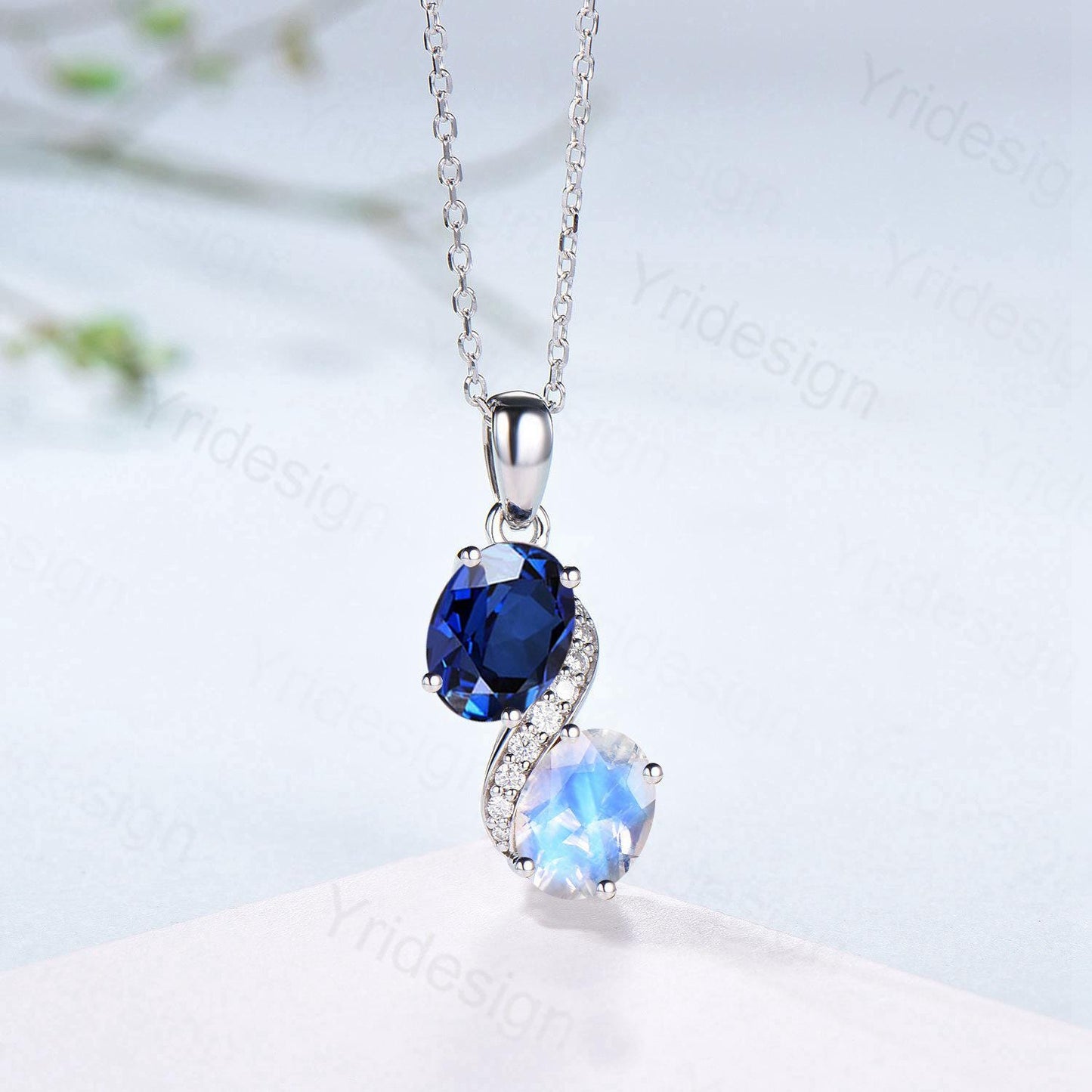Vintage Oval Blue Sapphire Moonstone Snake Pendant Necklace, Art Deco Promise Gift