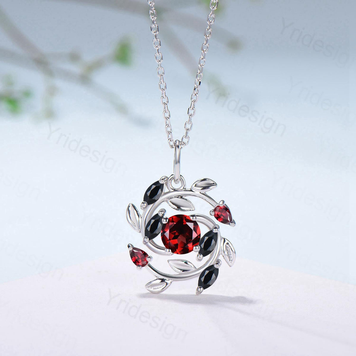 5mm Round Nature Inspired Garnet Necklace Unique Black Spinel Necklace Flower Wreath Pendant Snowflake Anniversary gift women
