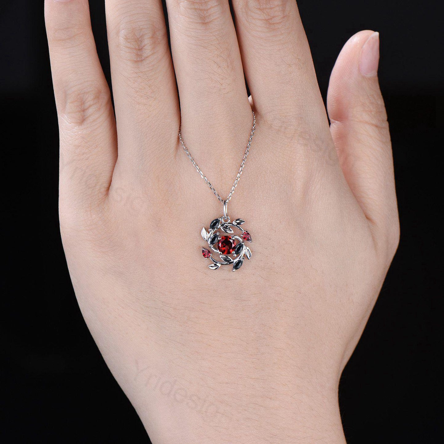 5mm Round Nature Inspired Garnet Necklace Unique Black Spinel Necklace Flower Wreath Pendant Snowflake Anniversary gift women