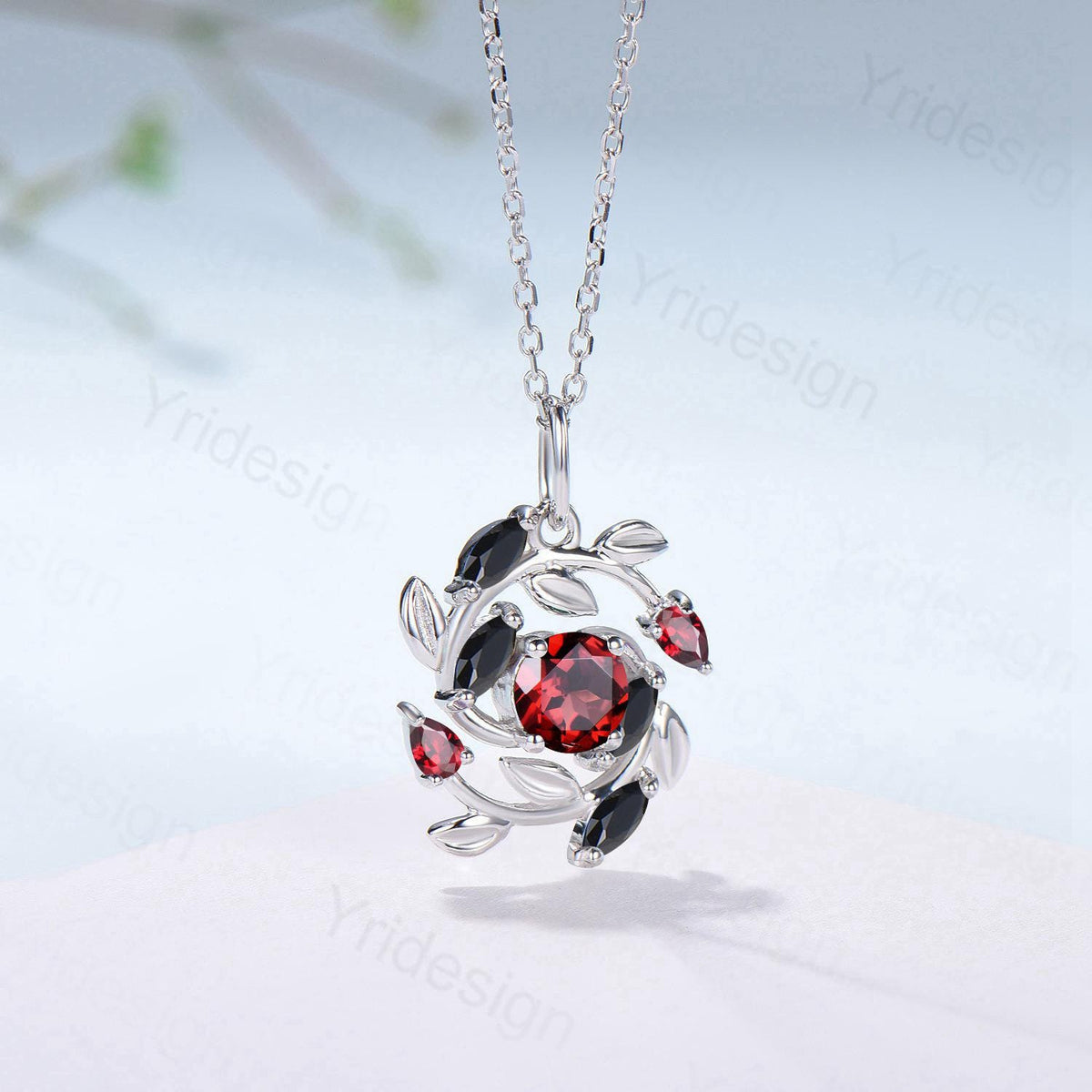 5mm Round Nature Inspired Garnet Necklace Unique Black Spinel Necklace Flower Wreath Pendant Snowflake Anniversary gift women