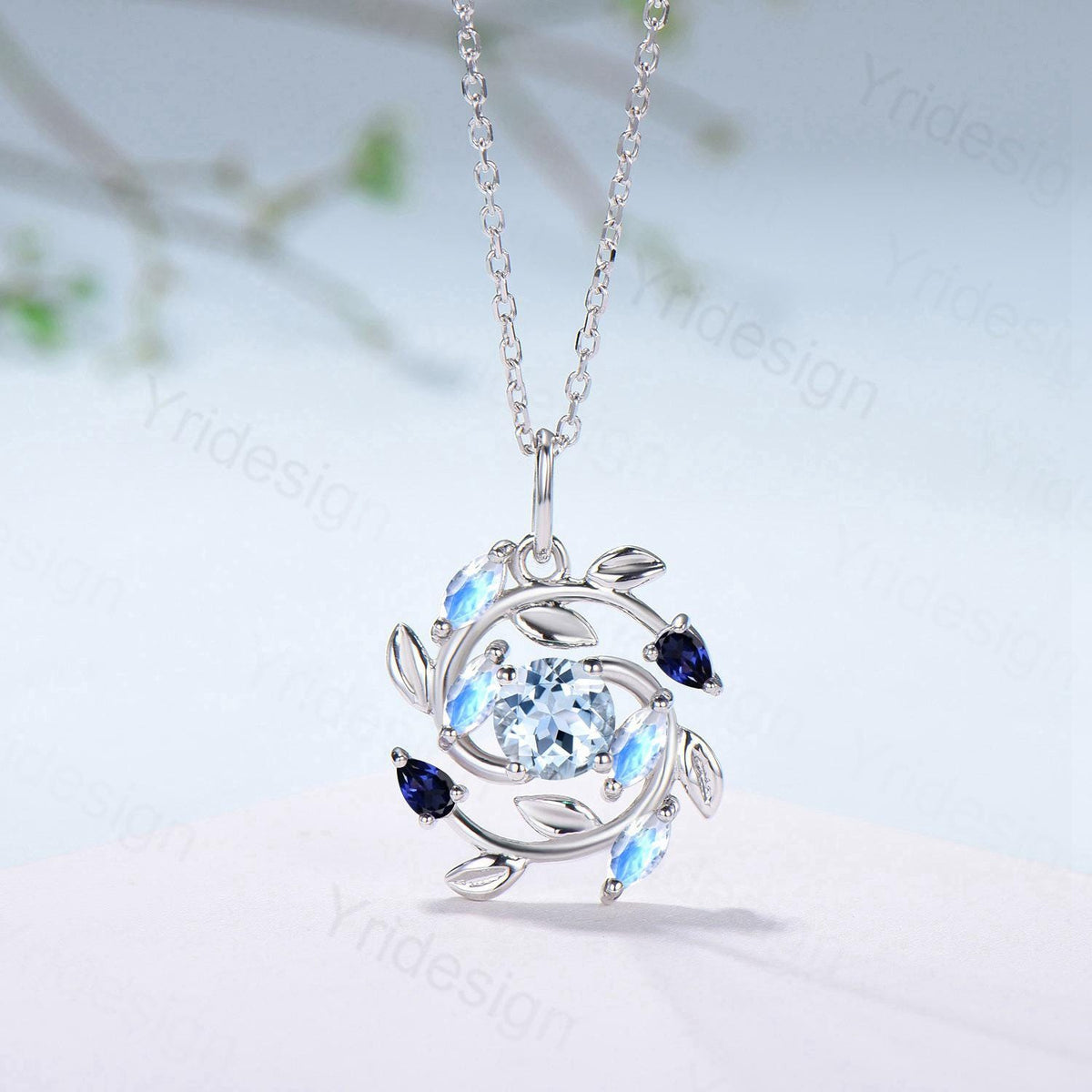 Elegant Aquamarine Necklace Pendant Blue Marquise Moonstone & Blue Sapphire, Vintage Style, Nature Inspired