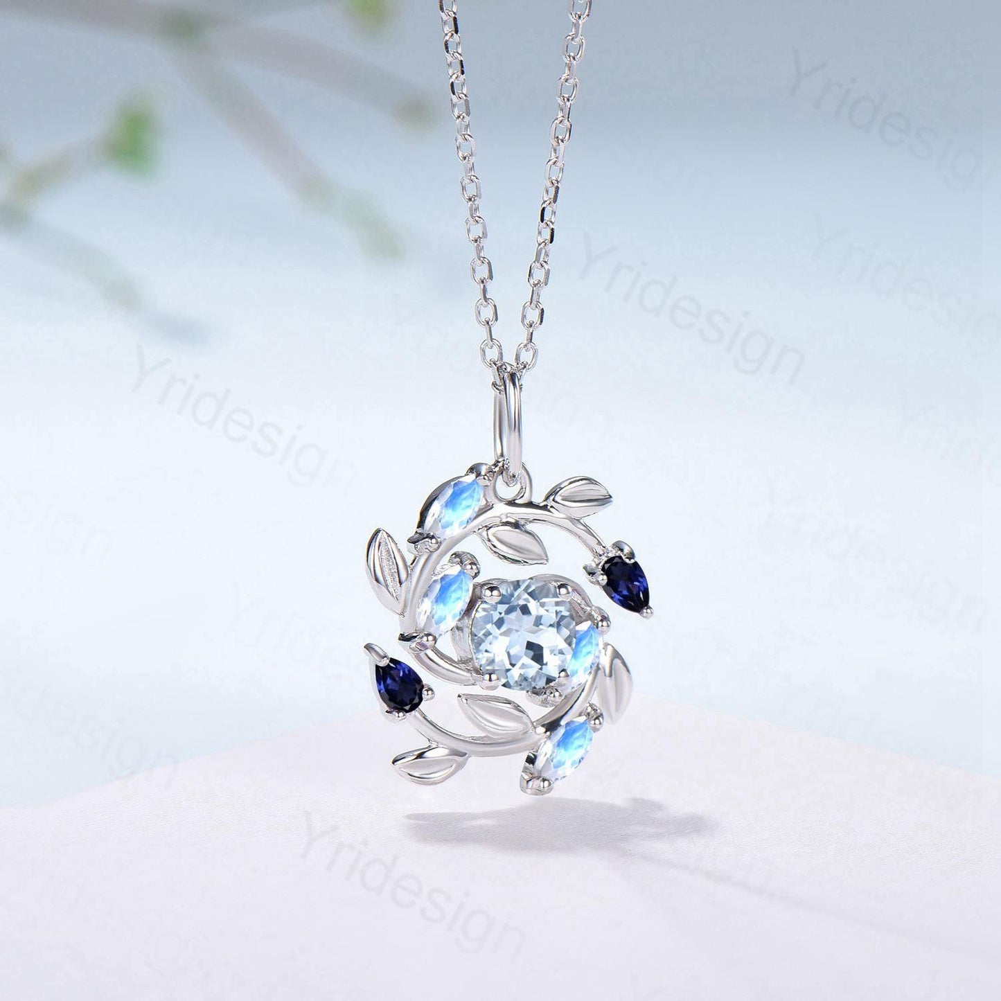 Elegant Aquamarine Necklace Pendant Blue Marquise Moonstone & Blue Sapphire, Vintage Style, Nature Inspired
