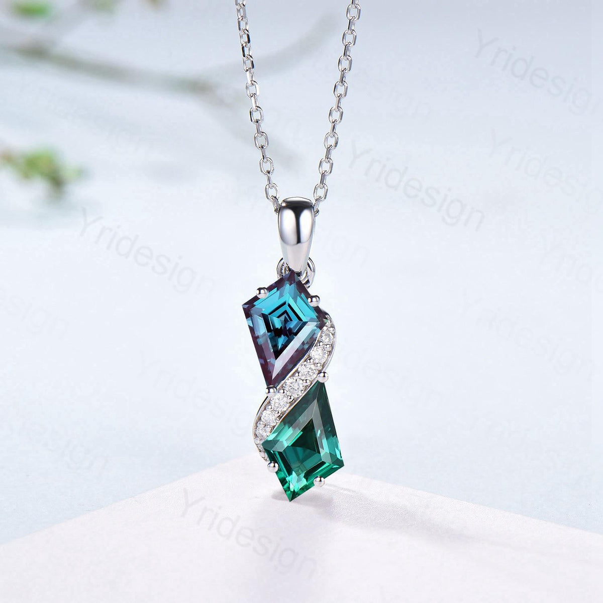 Two-Tone Kite Cut Alexandrite and Emerald Necklace Pendant | White Gold Moissanite Accent Snake Necklace