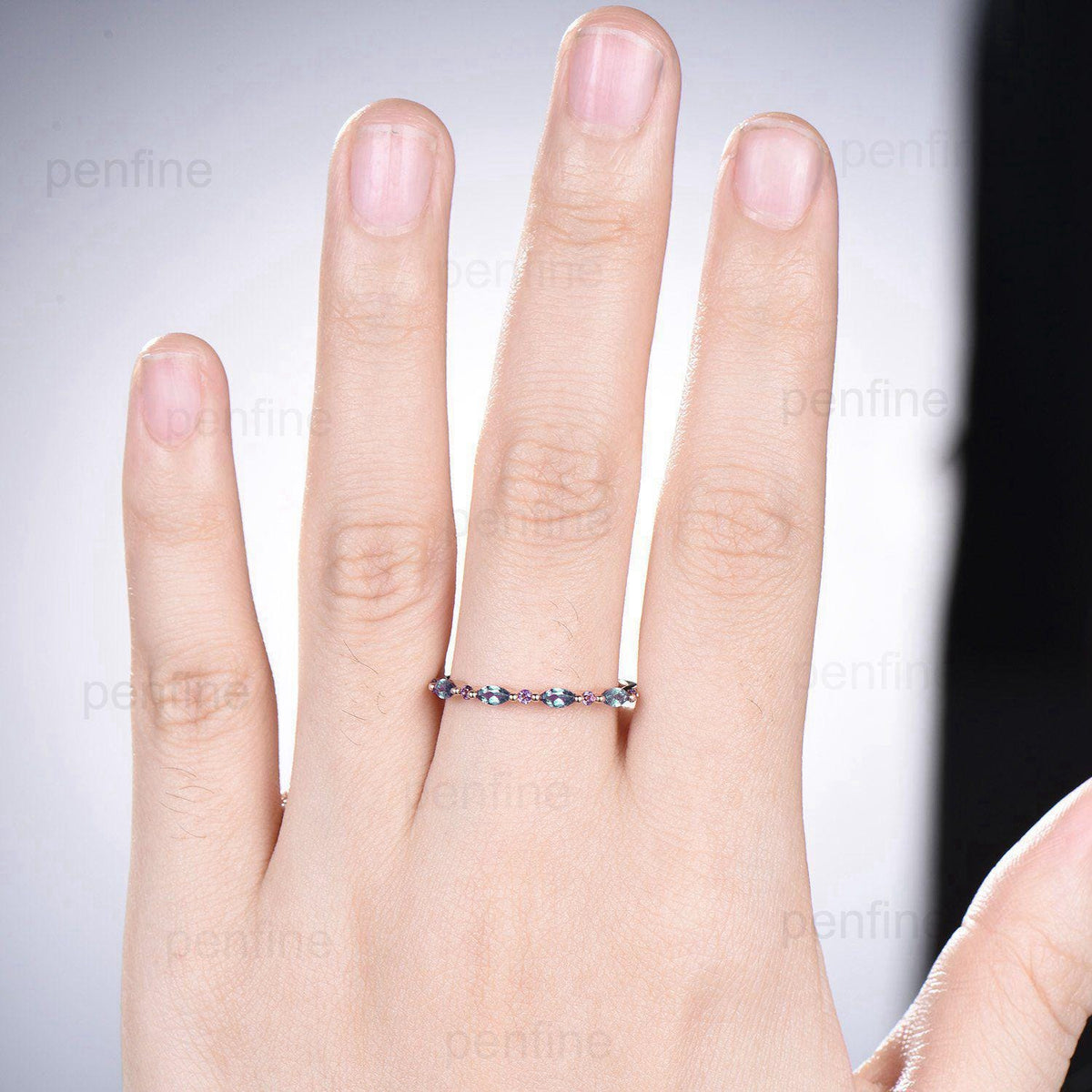 Garnet Black Spinel Eternity Wedding Band, Rose Gold Art Deco Anniversary Ring