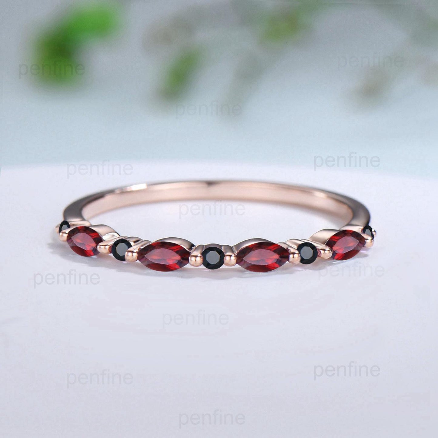 Garnet Black Spinel Eternity Wedding Band, Rose Gold Art Deco Anniversary Ring