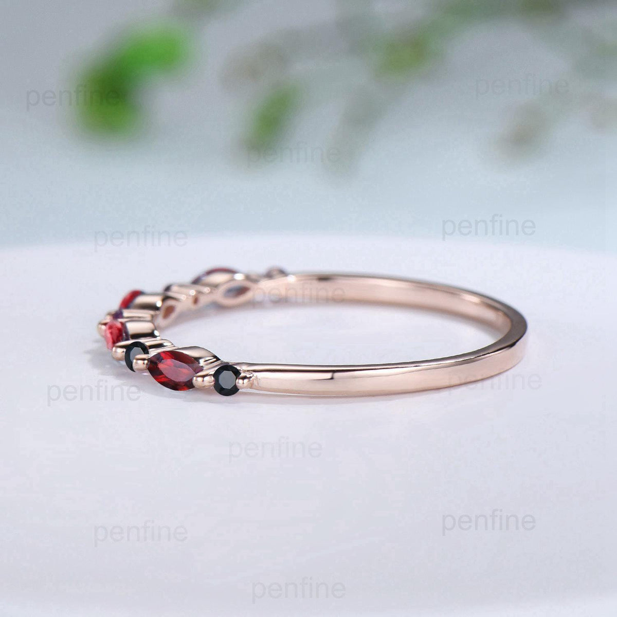 Garnet Black Spinel Eternity Wedding Band, Rose Gold Art Deco Anniversary Ring