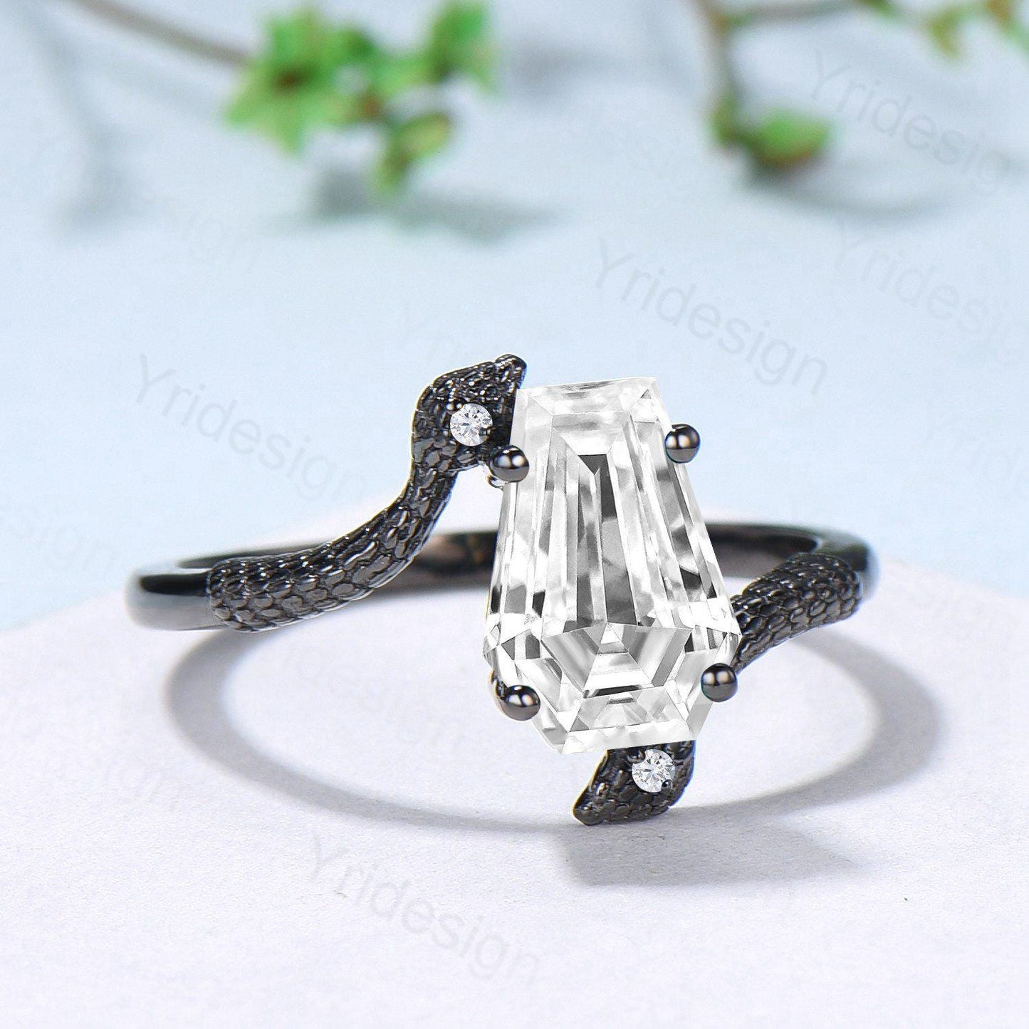 Coffin Cut Moissanite Snake Ring Gothic Black Gold Engagement Ring, Three Stone