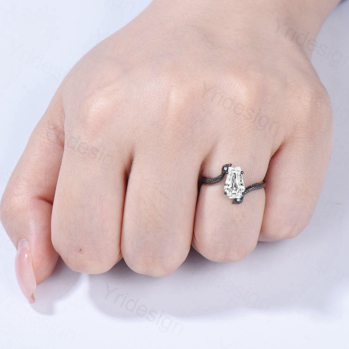 Coffin Cut Moissanite Snake Ring Gothic Black Gold Engagement Ring, Three Stone
