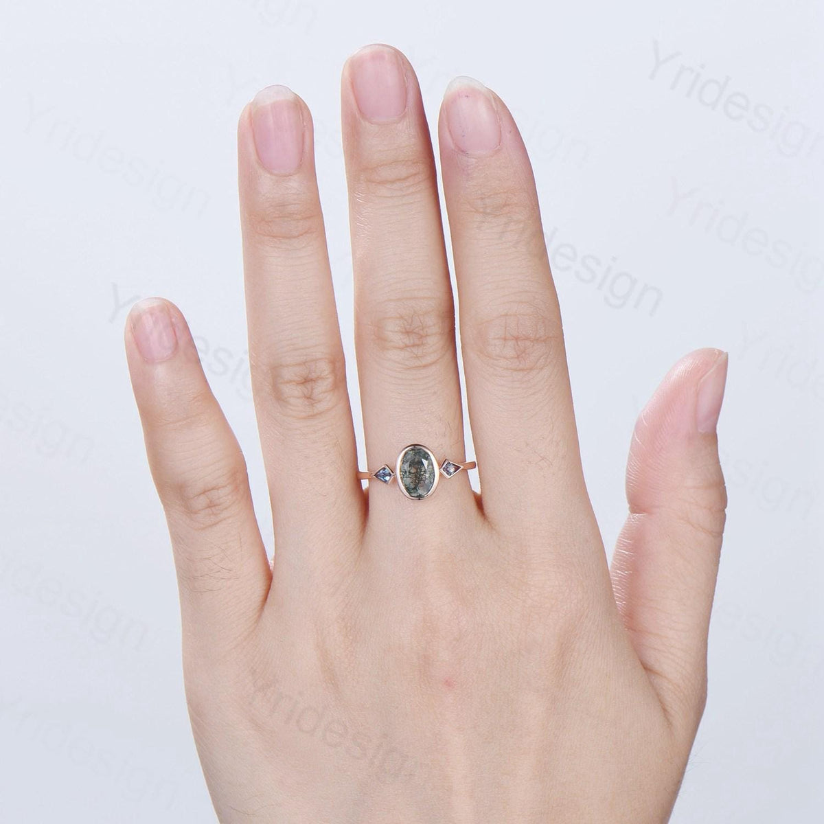 Oval Moss Agate Engagement Ring, Kite Alexandrite Accent, Bezel Set