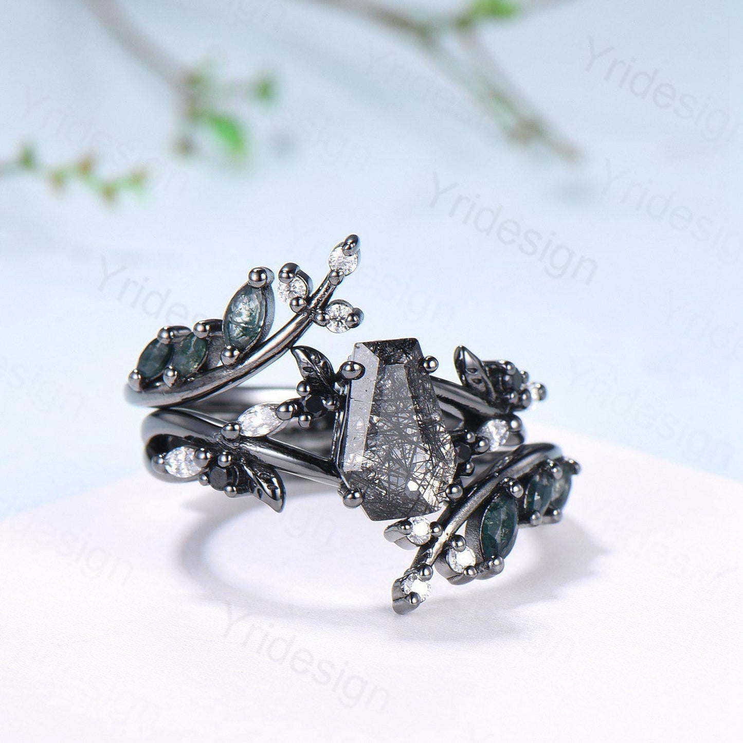 Gothic coffin cut black rutilated quartz engagement ring set black gold cluster engagement ring leaf vine nature inspired agate wedding set