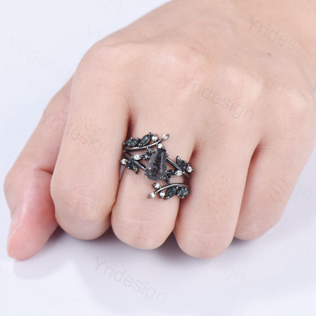 Gothic coffin cut black rutilated quartz engagement ring set black gold cluster engagement ring leaf vine nature inspired agate wedding set