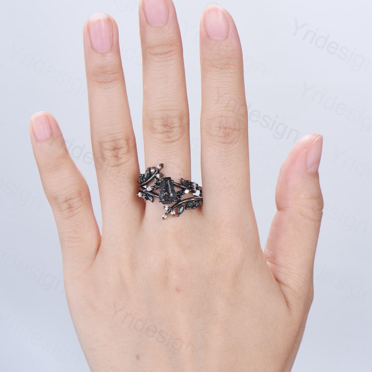 Gothic coffin cut black rutilated quartz engagement ring set black gold cluster engagement ring leaf vine nature inspired agate wedding set