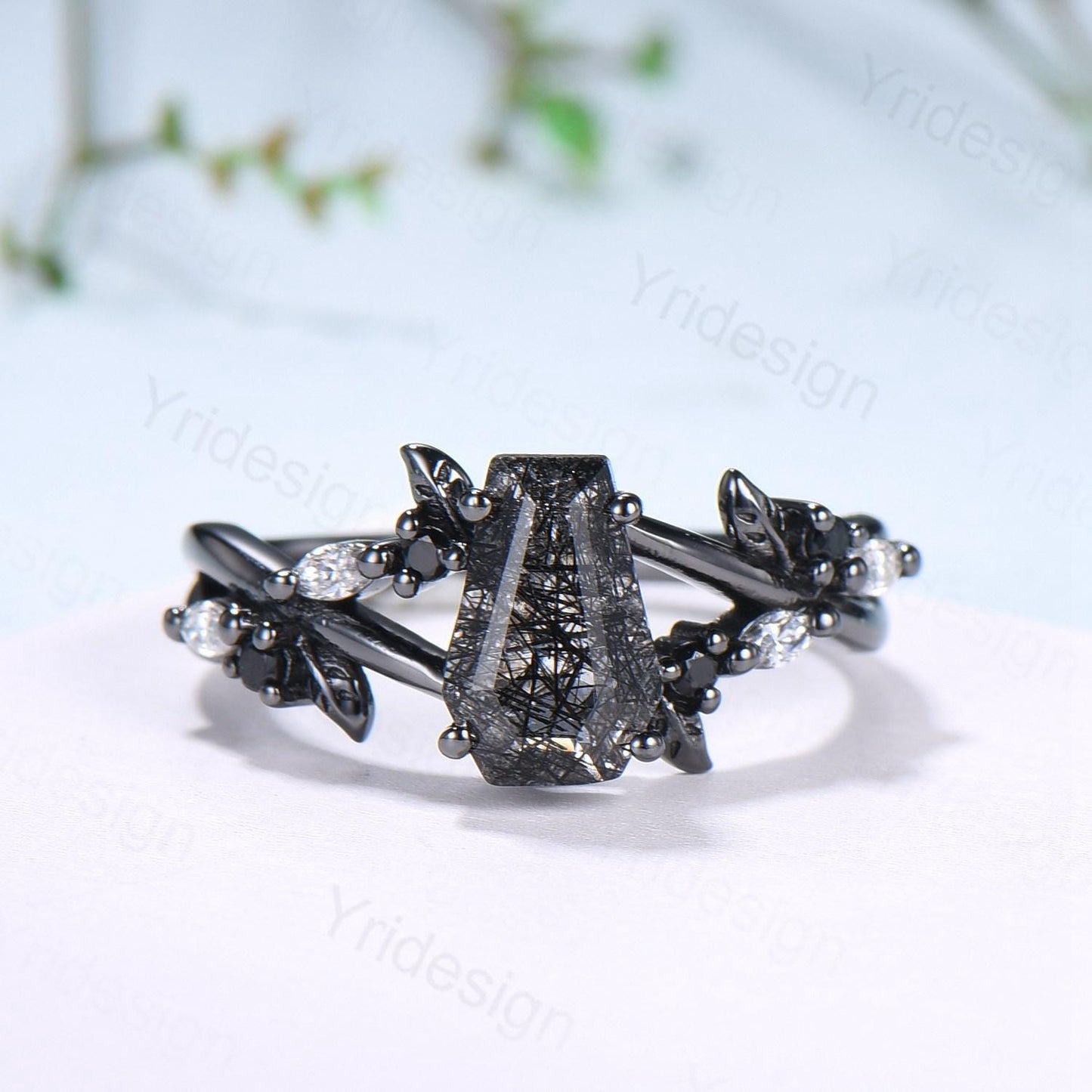 Gothic coffin cut black rutilated quartz engagement ring set black gold cluster engagement ring leaf vine nature inspired agate wedding set