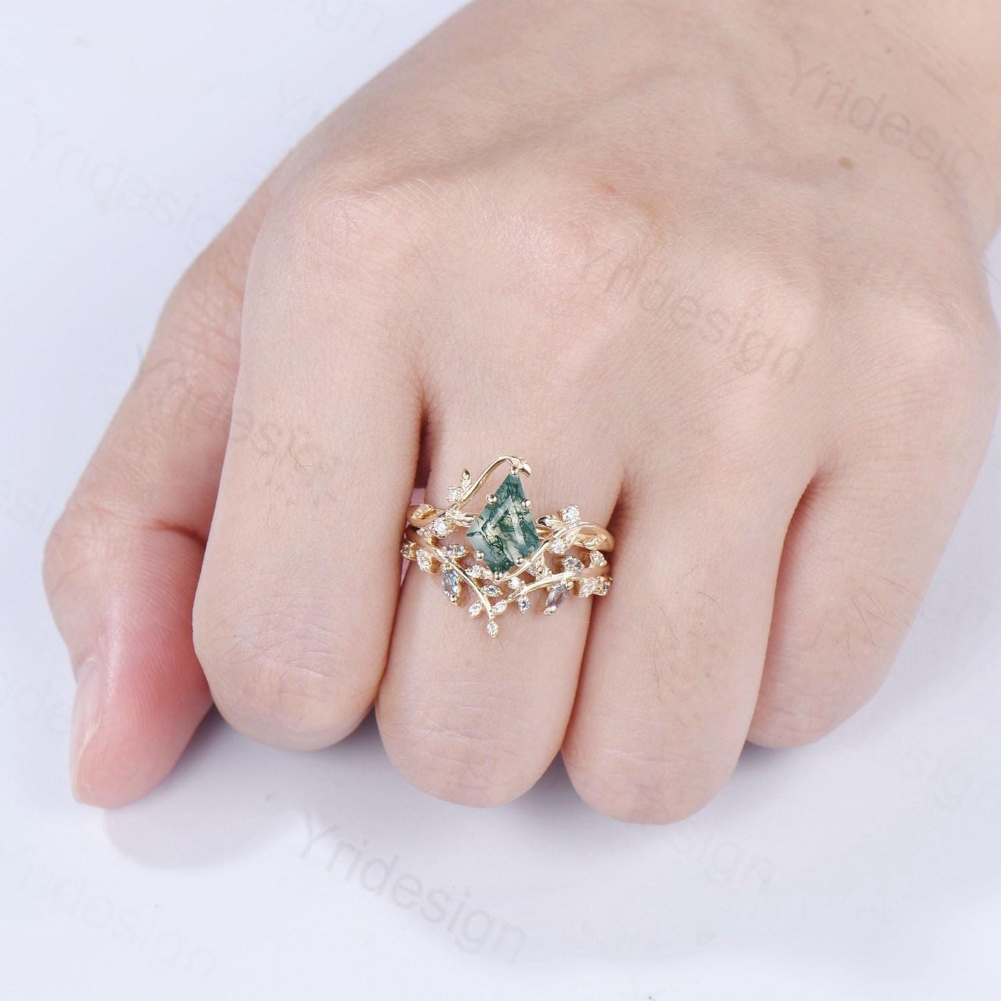 Willow Kite Cut Moss Agate Engagement Ring Set | Leaf Vine Alexandrite Bridal Set 2pcs