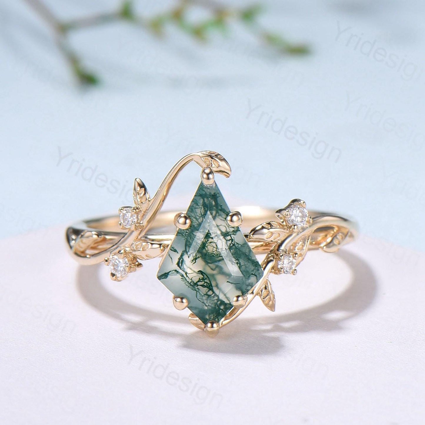 Willow Kite Cut Moss Agate Engagement Ring Set | Leaf Vine Alexandrite Bridal Set 2pcs