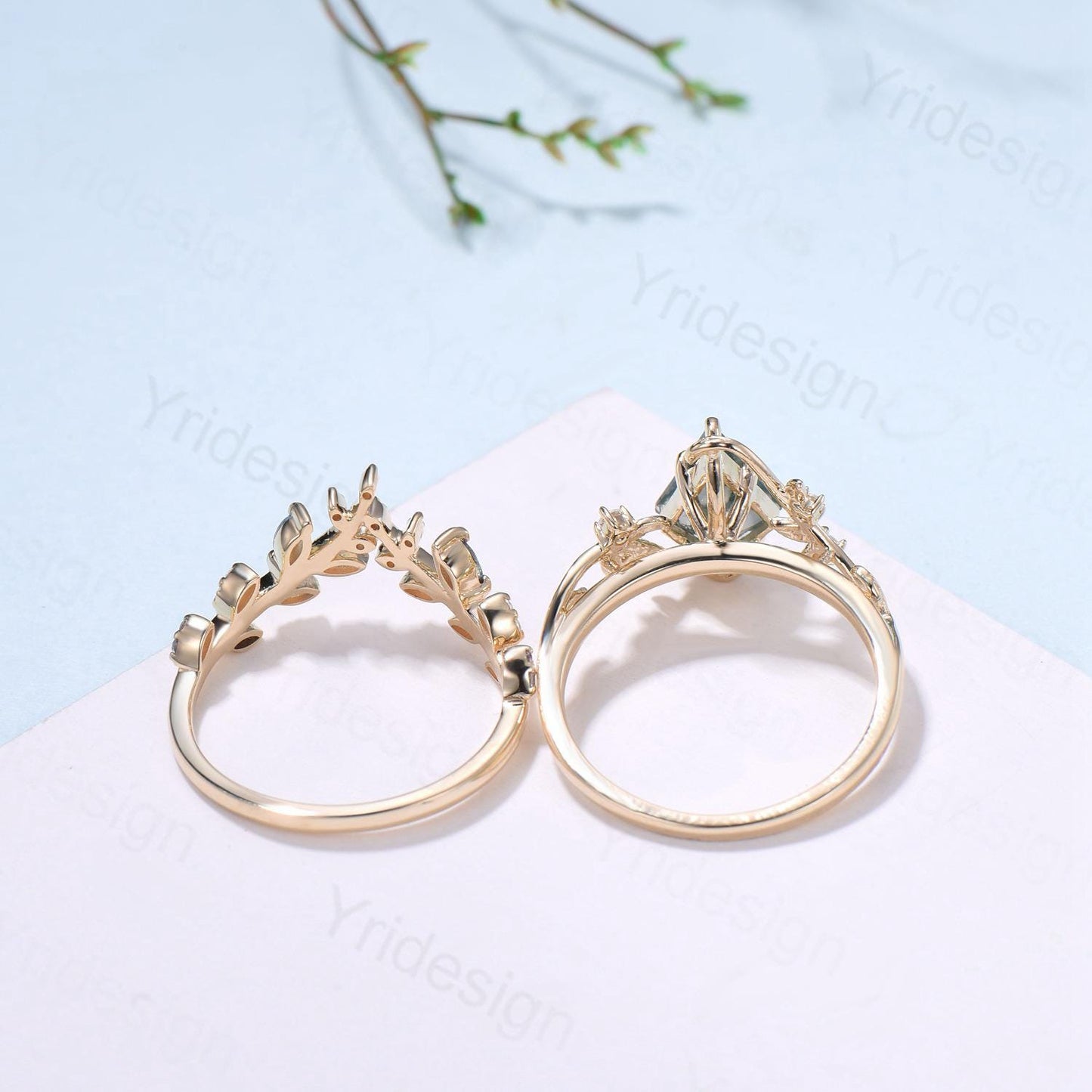 Willow Kite Cut Moss Agate Engagement Ring Set | Leaf Vine Alexandrite Bridal Set 2pcs