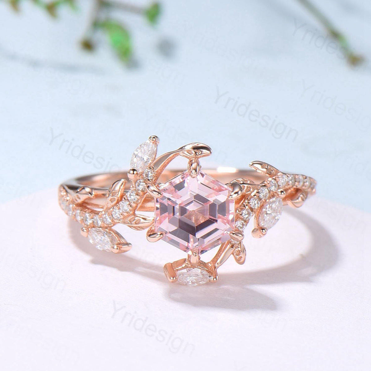 Leaf Vine Hexagon  Cut Pink Sapphire Engagement Ring, Twig Branch Nature Inspired Pink Gemstone Rose Gold Promise Ring