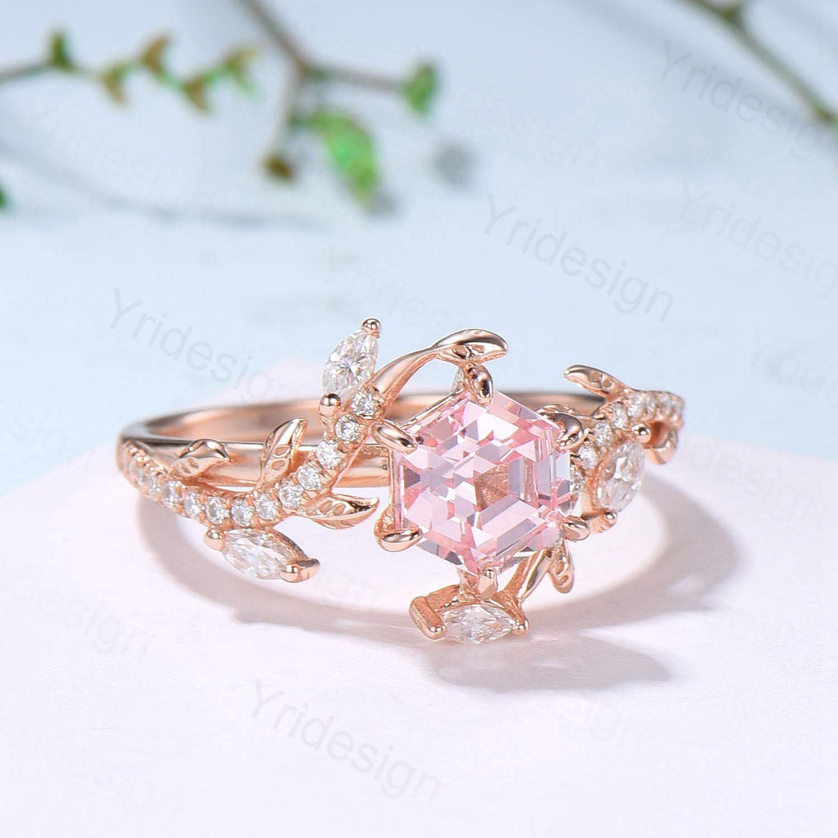 Leaf Vine Hexagon  Cut Pink Sapphire Engagement Ring, Twig Branch Nature Inspired Pink Gemstone Rose Gold Promise Ring