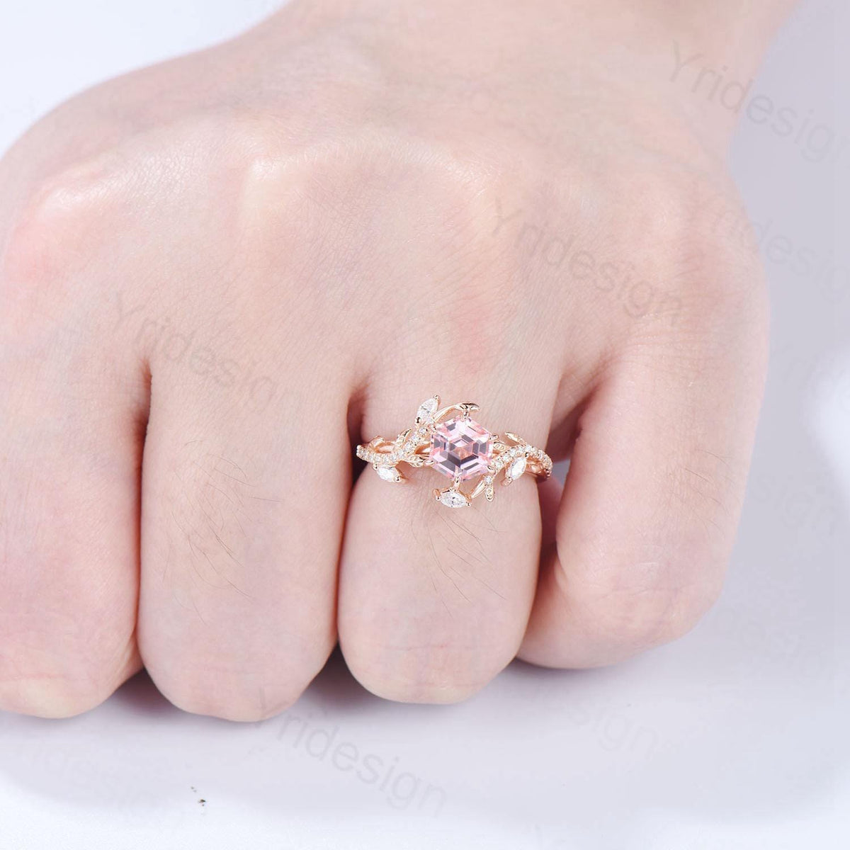 Leaf Vine Hexagon  Cut Pink Sapphire Engagement Ring, Twig Branch Nature Inspired Pink Gemstone Rose Gold Promise Ring