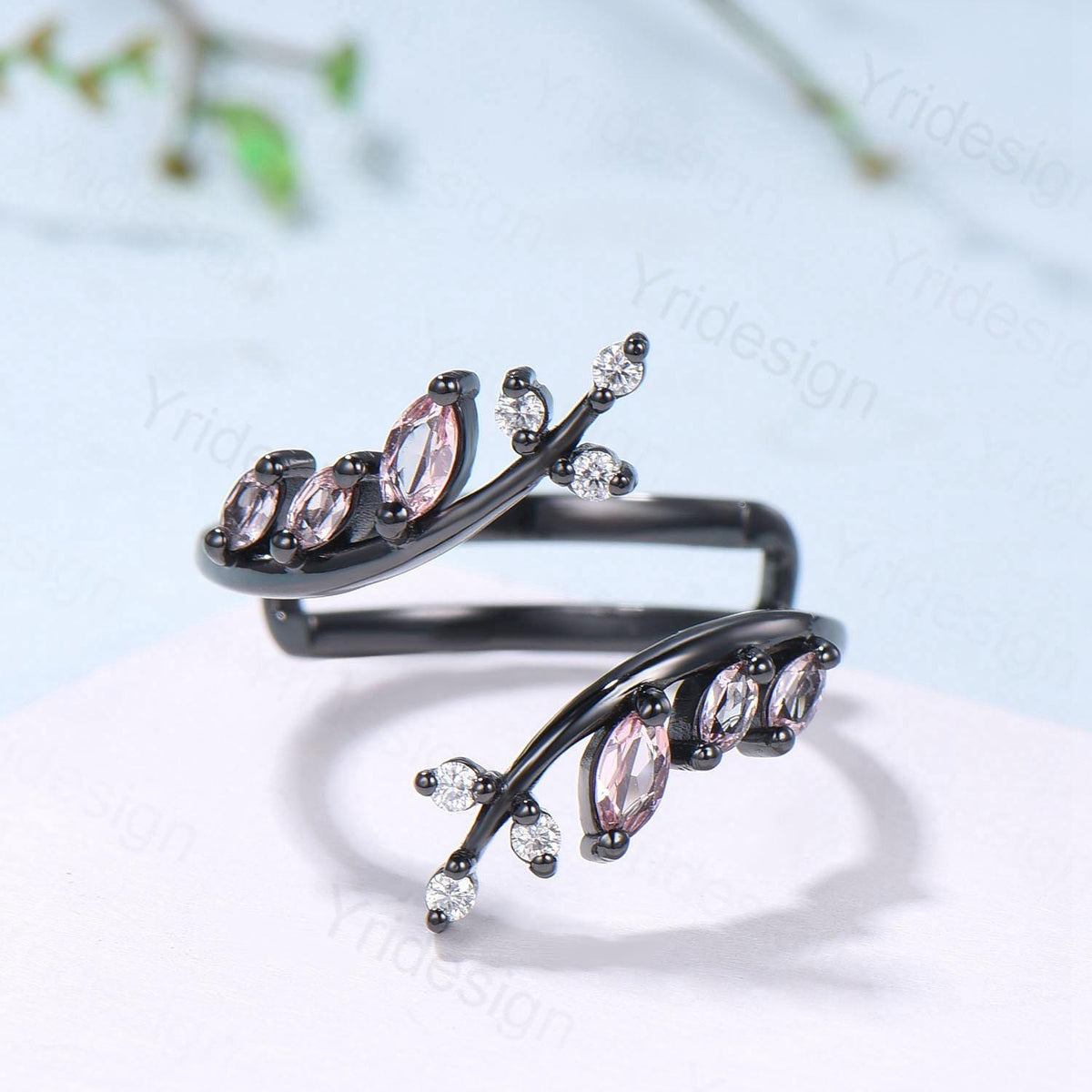 Black Gold Marquise Cut Pink Sapphire Enhancer Wedding Band, Nature Inspired Gothic Branch Ring